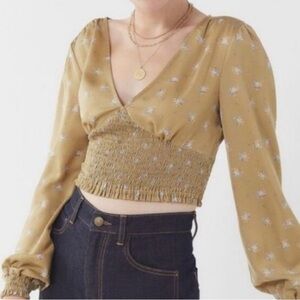 Urban Outfitters Floral Smocked Cropped Blouse - Green